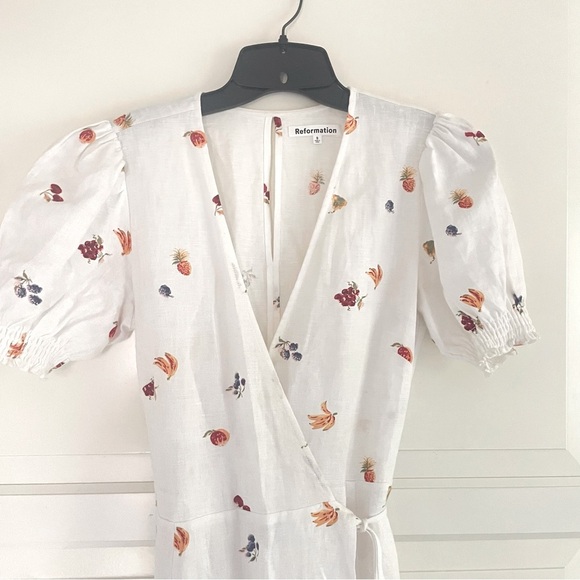 Reformation Veronika fruit print 100% linen white midi dress 26822 - Picture 5 of 12